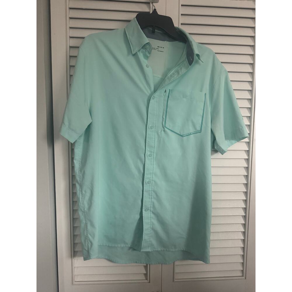Under Armour Fitted Heatgear Athletic Mint Green/ Blue Polo Shirt Sz: Medium
